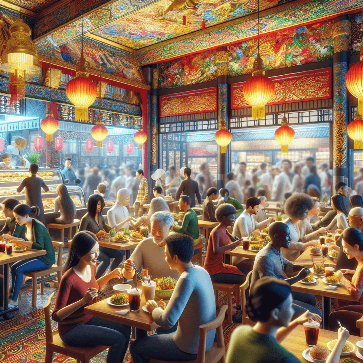 Ein lebhaftes Interieur eines Thai-Chinesischen Fast-Food-Restaurants, geschmückt mit lebendiger Dekoration und farbenfroher Kunst, das eine Auswahl an köstlichen Gerichten ausstellt, während die Kunden fröhlich ihre Mahlzeiten genießen, im realistischen Stil.