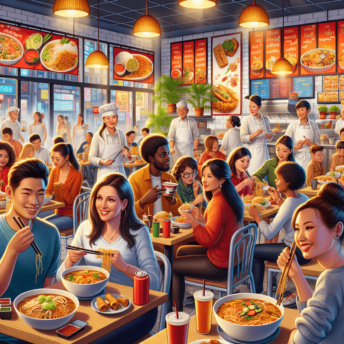 Ein lebhaftes Thai-Chinesisches Fast-Food-Restaurant-Interieur, mit lebendiger Dekoration, einer Vielzahl bunter Gerichte auf dem Display und Kunden, die ihre Mahlzeiten genießen, realistischer Stil.